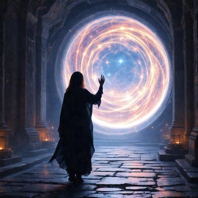 The primary subject of the image is a woman wearing a long dress, standing in front of a large, colorful, and swirling portal. The setting appears to be a dark, possibly underground, environment. The visual style of the image is a combination of photo and digital art, creating a surreal and intriguing atmosphere. The colors and mood of the image are predominantly dark and mysterious, with the swirling portal and the woman's long dress adding a sense of drama and enchantment.